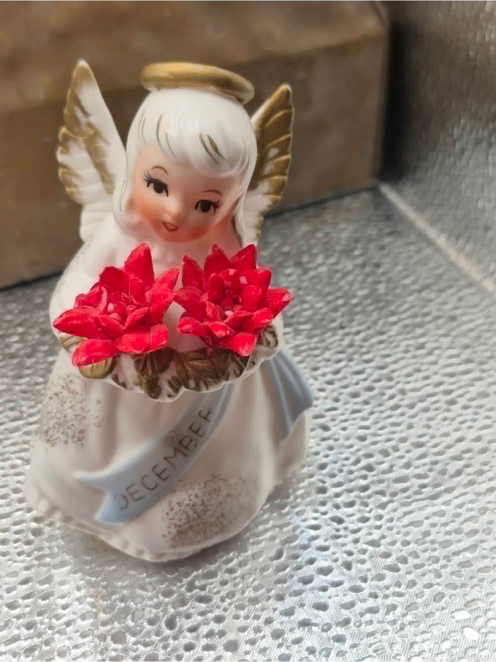 Vintage December Birthday Angel - 1950s MCM Lefton Girl Holding Poinsettias